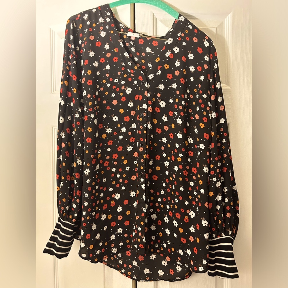 Cabi flowered shirt with striped cuff
